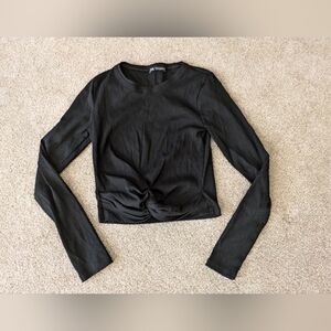 Zara Black Crew Neck Long Sleeve Crop Blouse